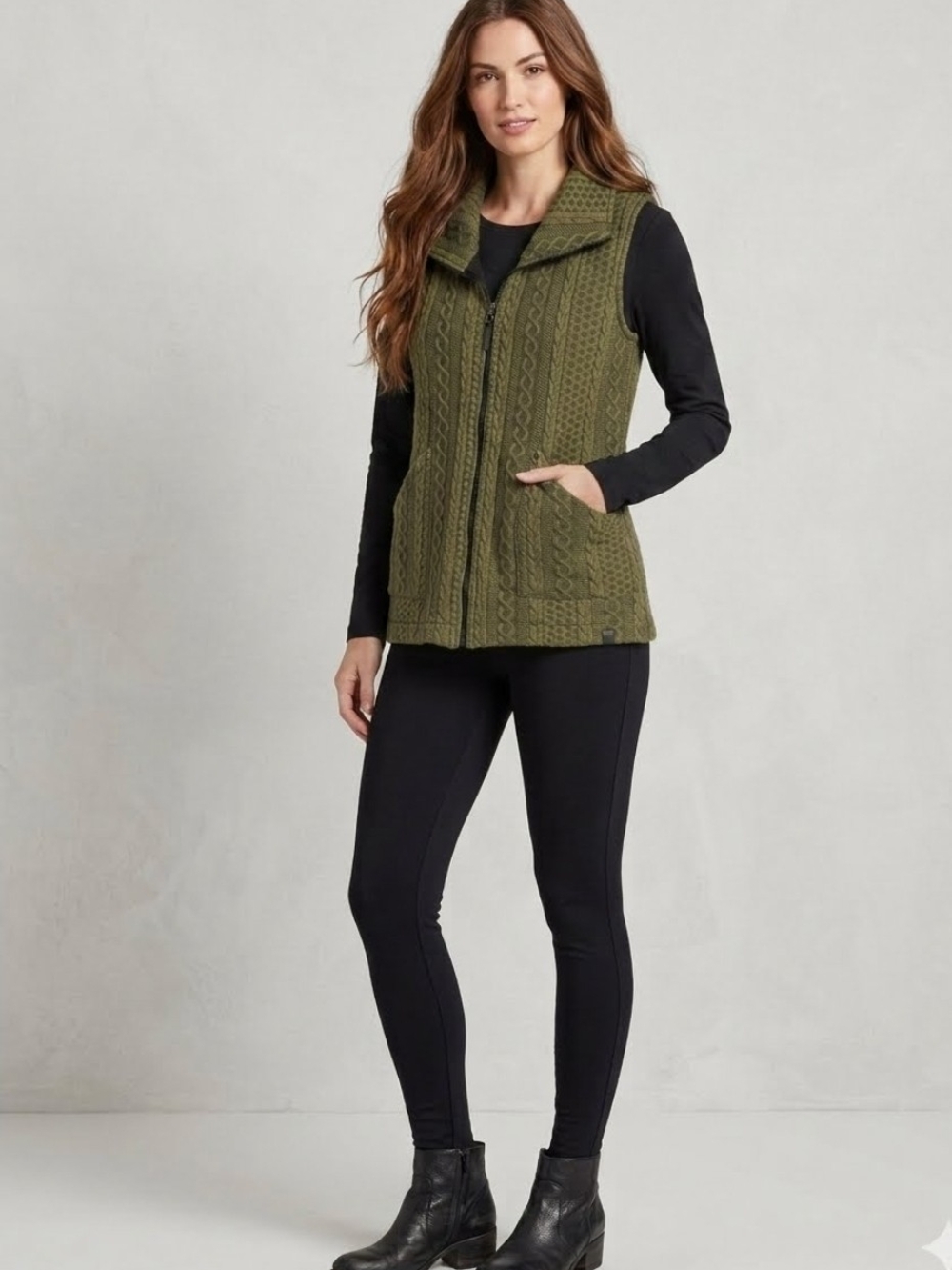 Dolcezza Colourful Sporty Chic Olive Cable Knit Zip Vest Womens Size XL Like New